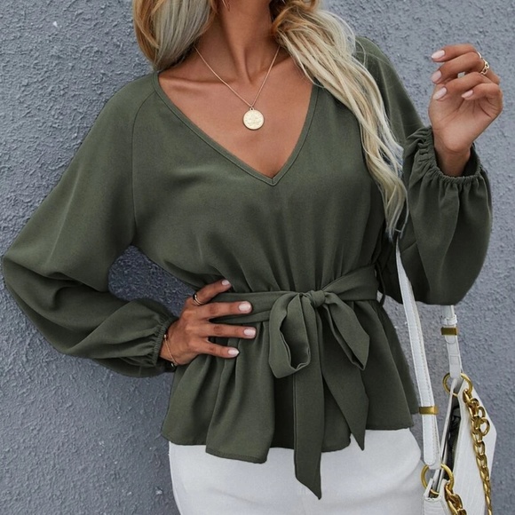 Boho Olive Minimalist Peplum Blouse - Picture 4 of 4